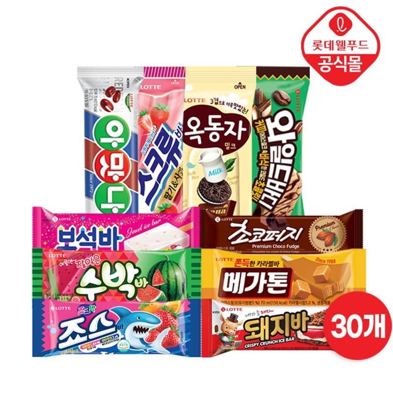 롯데웰푸드㈜ 롯데웰푸드 [etv] [롯데] 베스트 아이스크림 스틱 바 30개 세트 (옥동자/스크류바/보석바 등)