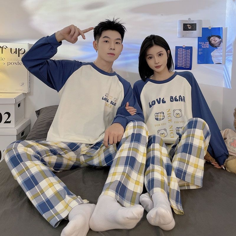 커플용 파란베어 체크팬츠 긴팔 잠옷 상하의 세트