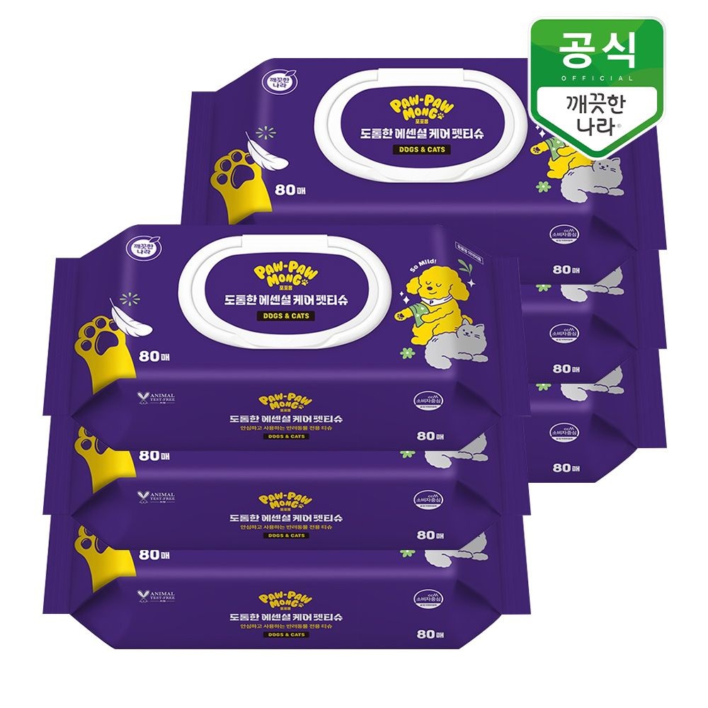 깨끗한나라 포포몽 도톰한 에센셜 케어 강아지 고양이 펫티슈 80매 x 6팩