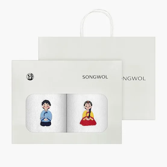 추석 명절 한가위 한복자수 호텔수건 150g 2매 선물세트(쇼핑백) (랜덤발송)