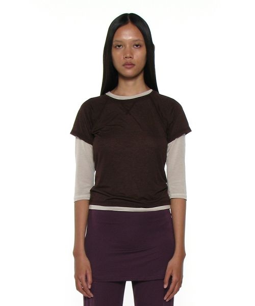 PARTIMENTO WOMEN 파르티멘토 우먼 3월 26일 배송 PWC 쉬어 레글런 스티치 숏슬리브 티 브라운