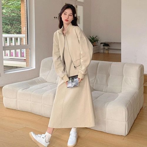 캐주얼 투피스 베이지 트레이닝 원피스 집업 세트