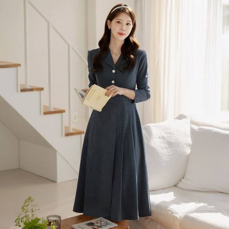 ~XXL까지 엘레오 카라넥 플리츠 원피스 봄 가을 하객룩 오피스룩 모임룩 격식룩 빅사이즈1206156