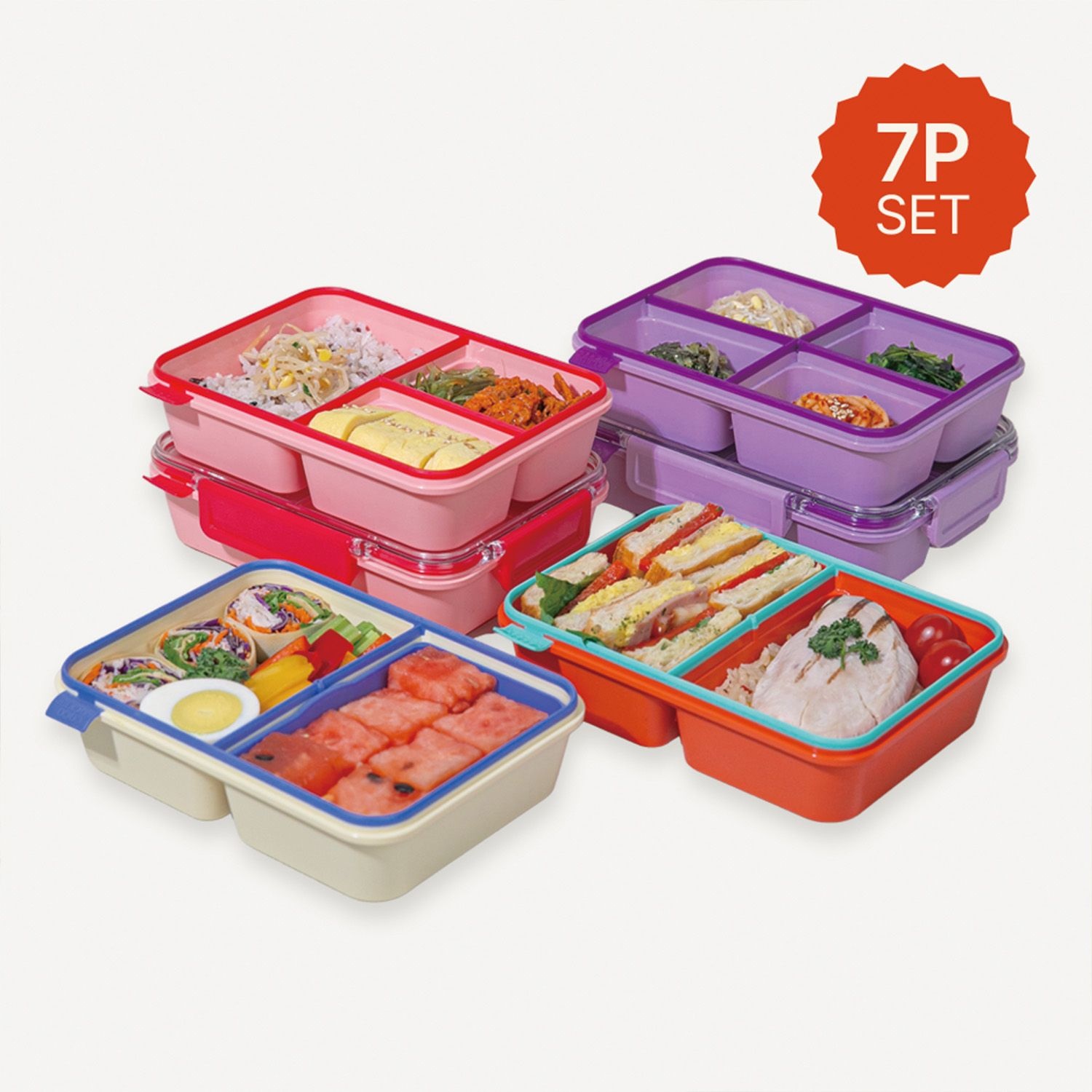 [롯데백화점] 코코라커 캔디팟 칸칸밀폐 반찬통 7P 세트 (1칸,2칸,3칸,4칸 용기 각 1개+ 채반1개+깍지2