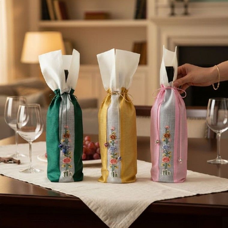 꽃자수 와인커버 전통주 포장 전통 소품 외국인 복주머니 한국 기념품 파우치 명절 답례품