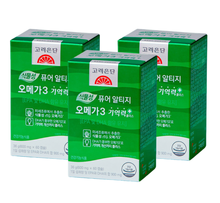 고려은단 식물성 퓨어 알티지 오메가3 기억력+ 600mg 60캡슐 3개