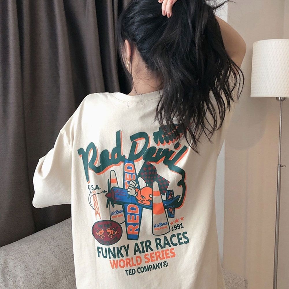 레드 데빌 여성 캐주얼 프린팅 반팔 오버핏 티셔츠