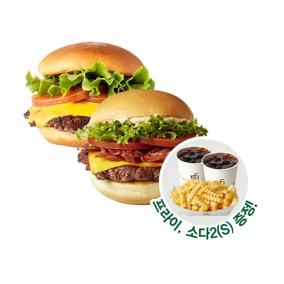 (~35% 할인)(정상가 32,400원) [쉐이크쉑] Shack 스페셜 2인 세트 (쉑버거+베이컨쉑버거+프라이(증정)+소다S 2EA (증정))