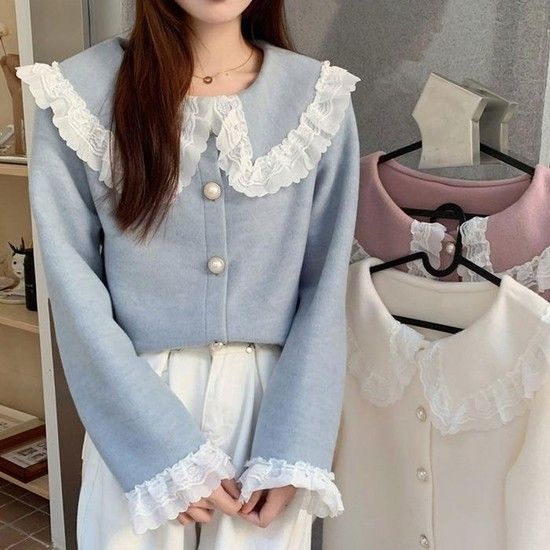 상품상세참조 [JHL70641_51IB]레이스 진주버튼 블라우스 페미닌 둥근카라 (29883774A)