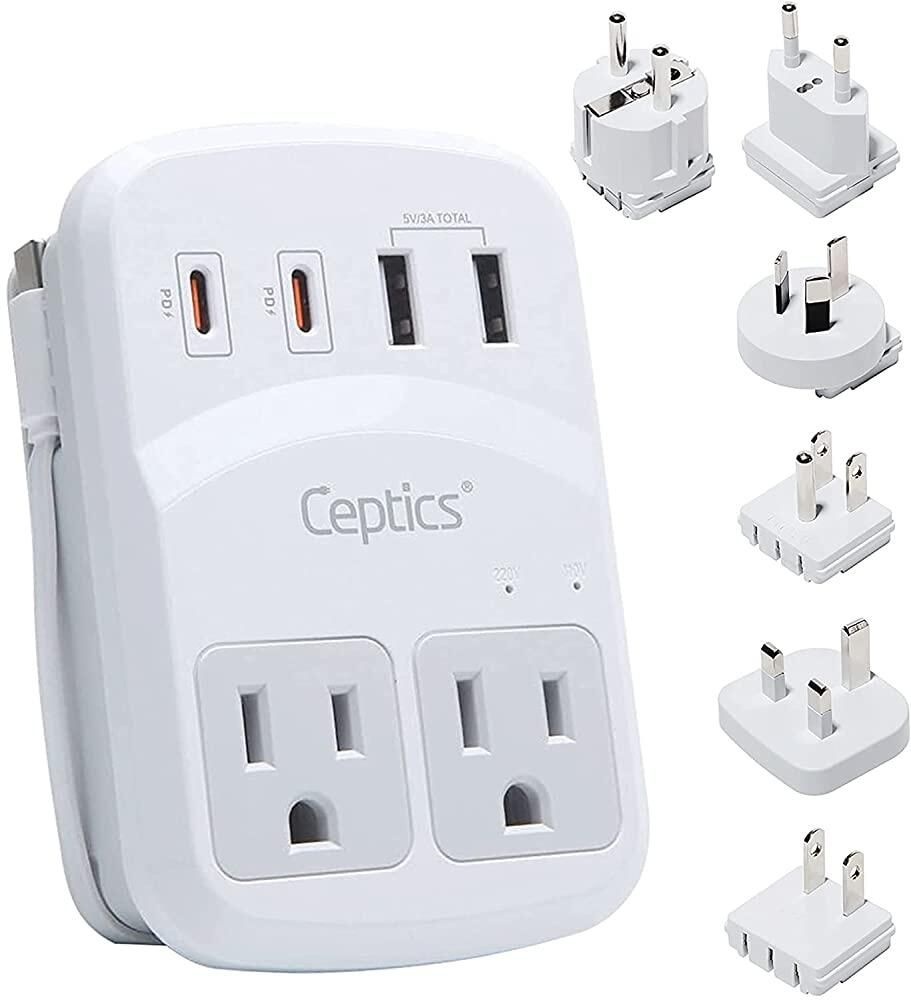 [해외] Ceptics 70W 세계 국제 여행용 플러그 어댑터 - Pd 및 QC 3.0 듀얼 3X USB-C 전원 포함 강력한 GaN 기술 USB 포트 2개 벽 충전