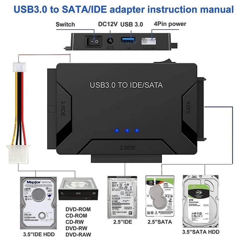 [해외] 모니터연결케이블 연결선 USB 30-SATA IDE 하드 디스크 어댑터 변환기 케이블35 25인치 HDDSSD CD DVD ROM CD-RW 3 in 1USB SATA