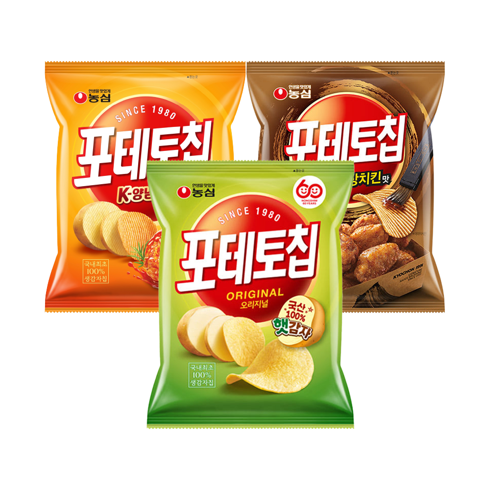 농심 포테토칩  오리지널 60g + K-양념치킨맛 50g + 교촌간장치킨맛 55g