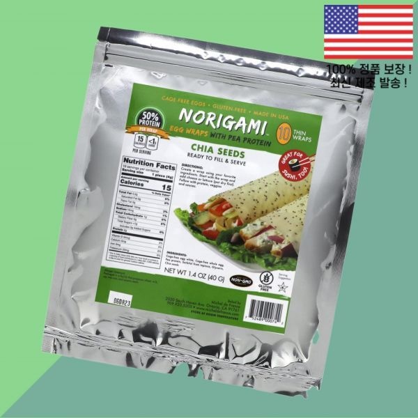 Norigami [해외] 완두콩 단백 프로틴 씨앗을 넣은 노리가미 계란말이 얇은 랩 10장 1.4온스 40g Norigami Egg Wraps Pea Protein Chia Seeds 10 Thin