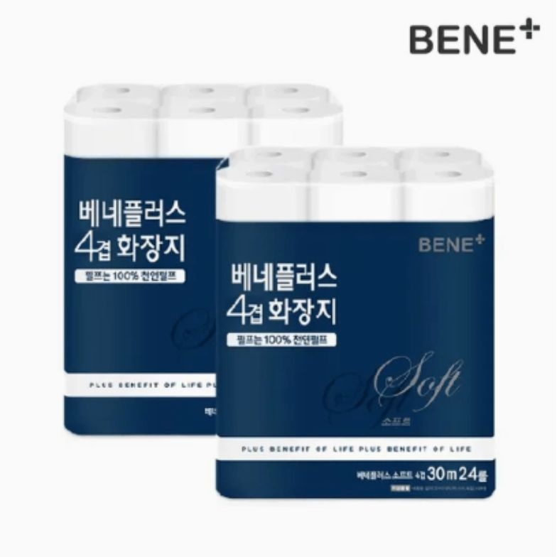[내일도착]베네플러스 3겹 화장지 30m 30롤 1팩+1팩(총60롤 천연펄프) 외