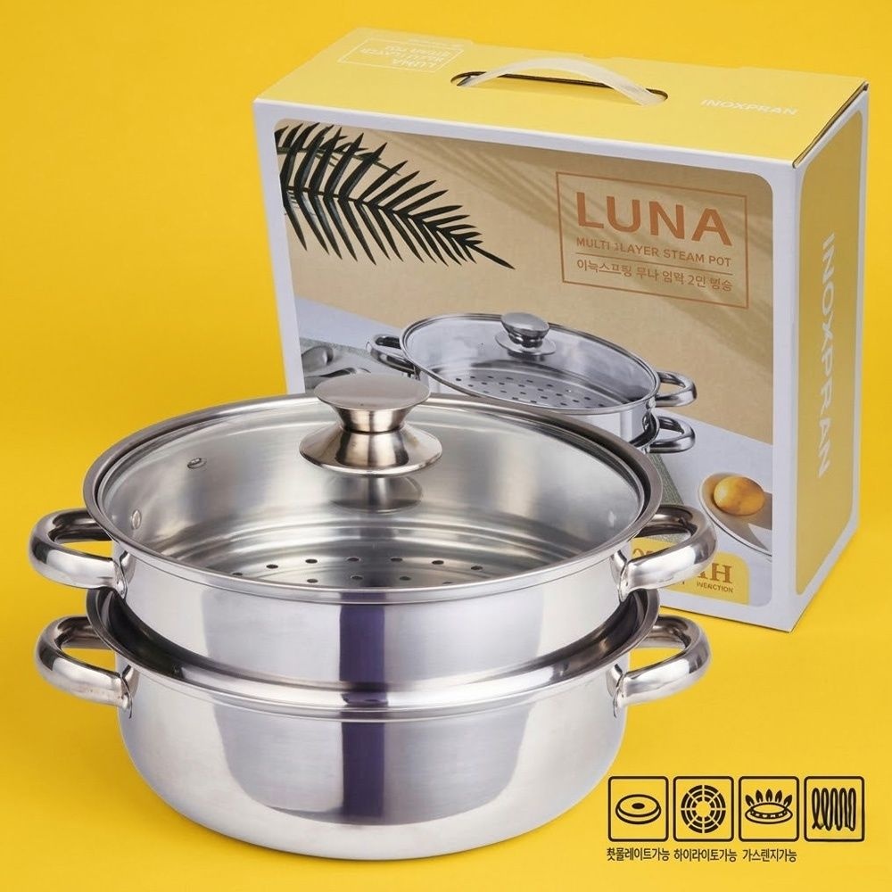 이녹스프랑 루나 인덕션&전골냄비 28cm 인덕션 겸용 2단 찜기 양수냄비 찜솥 스테인리스 전골냄비 28cm 찜기채반 스텐 찜기세트