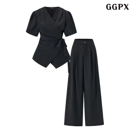 랩스타일 V넥 블라우스 롱 팬츠 셋업 (GQBOW003D)