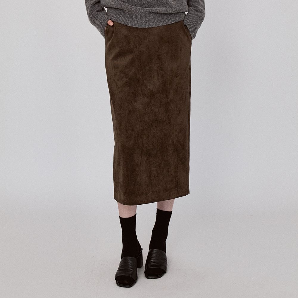 Basic Suede Long Skirt - KhakiBrown