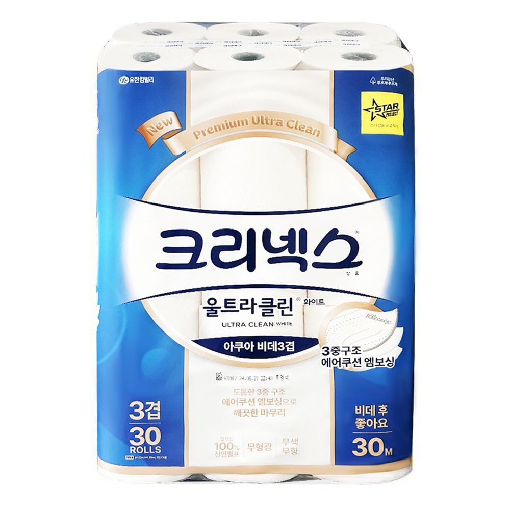 크리넥스 울트라클린 화장지 30롤 3겹 30m 화이트비데 물에잘녹는 휴지