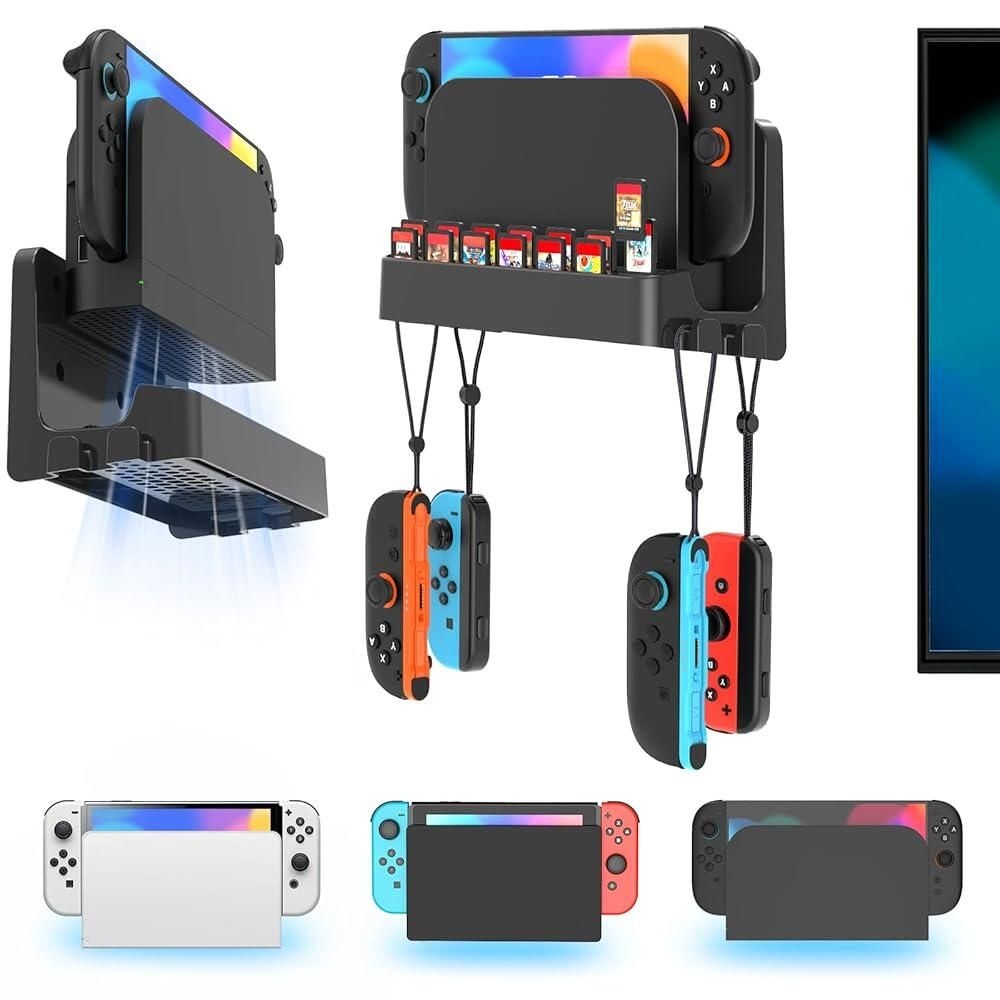 [해외] Kosker 스위치 2/1 벽 마운트 키트, 2/OLED/오리지널 버전용, 조이콘 스트랩 행거 및 14개의 게임 슬롯 랙이 있는 선반