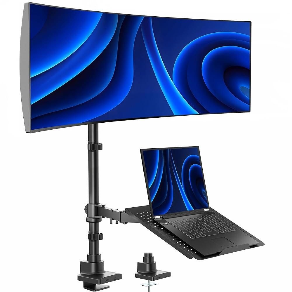 [해외] VIVO 최대 49인치 울트라 와이드 모니터 및 트레이용 엑스트라 톨 데스크 마운트, 17인치 노트북용, 클램프 온 조절