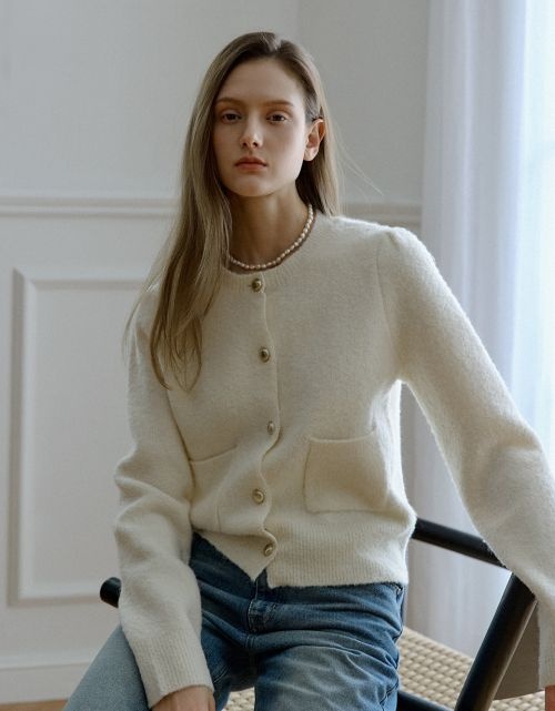 ATCORNER ATCORNER Boucle Puff Sleeve Cardigan Ivory AT5SWF023CR 457536Moony