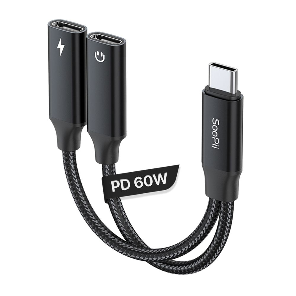 SooPii 60W PD 고속충전겸용 USB C to C타입 이어폰 듀얼젠더 GD19