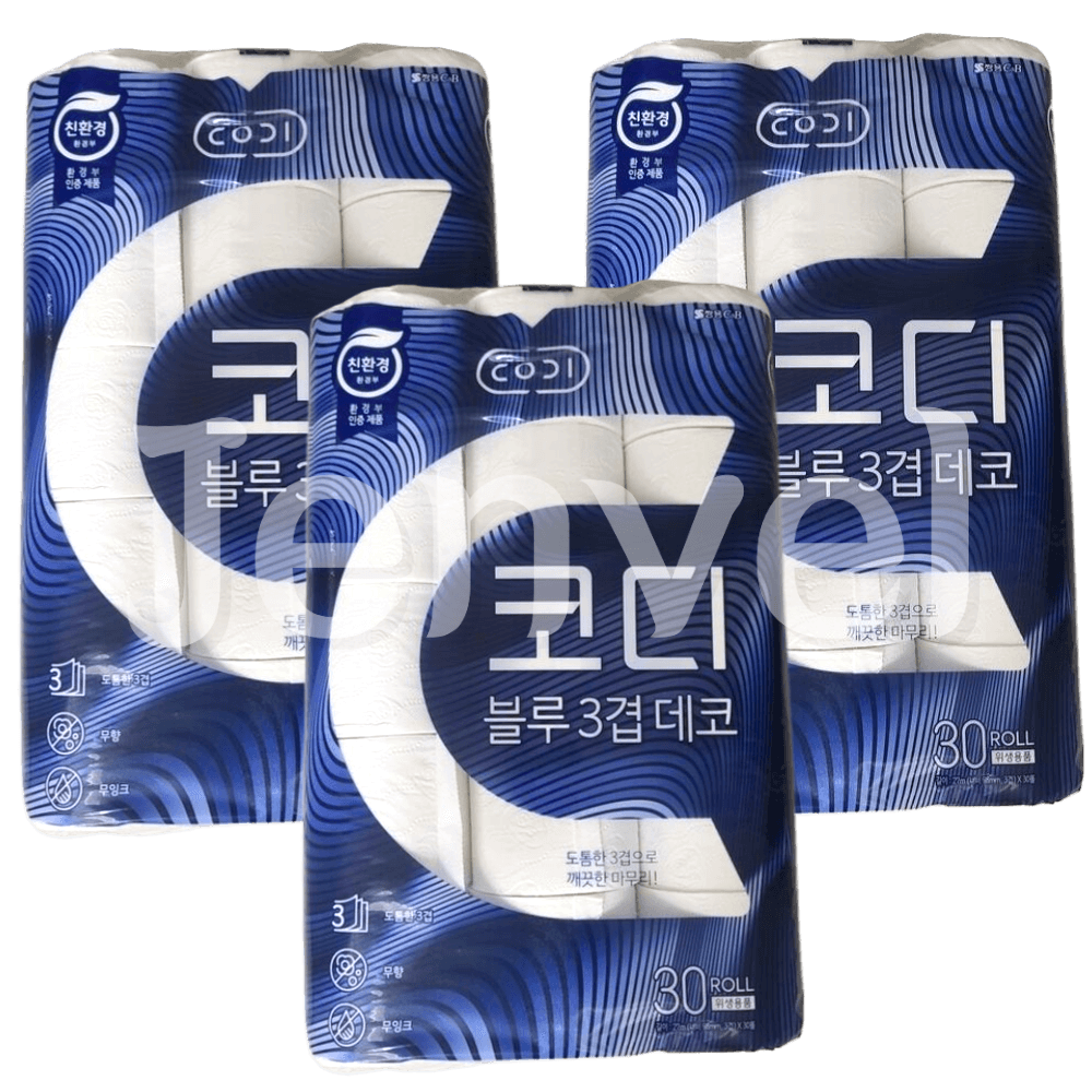 젠벨협력사 블루 3겹 데코 화장지 27m 30롤 3팩 먼지없는 도톰한 롤휴지 가성비 세트