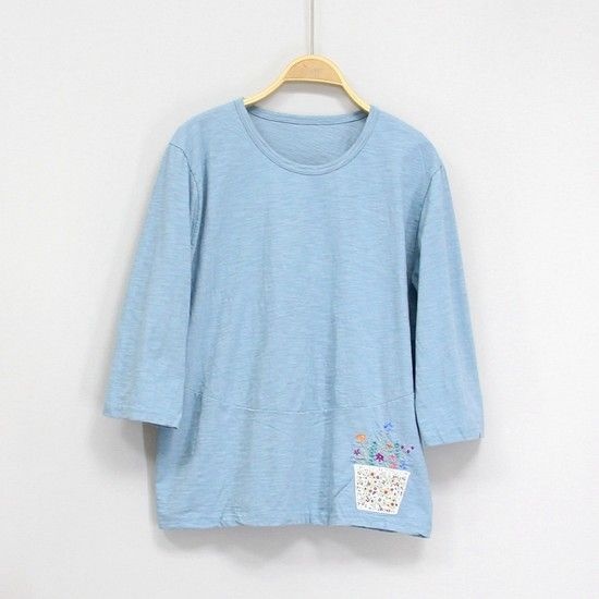 국산 여성 블루 마미 꽃자수 7부면 티셔츠[BU60330]