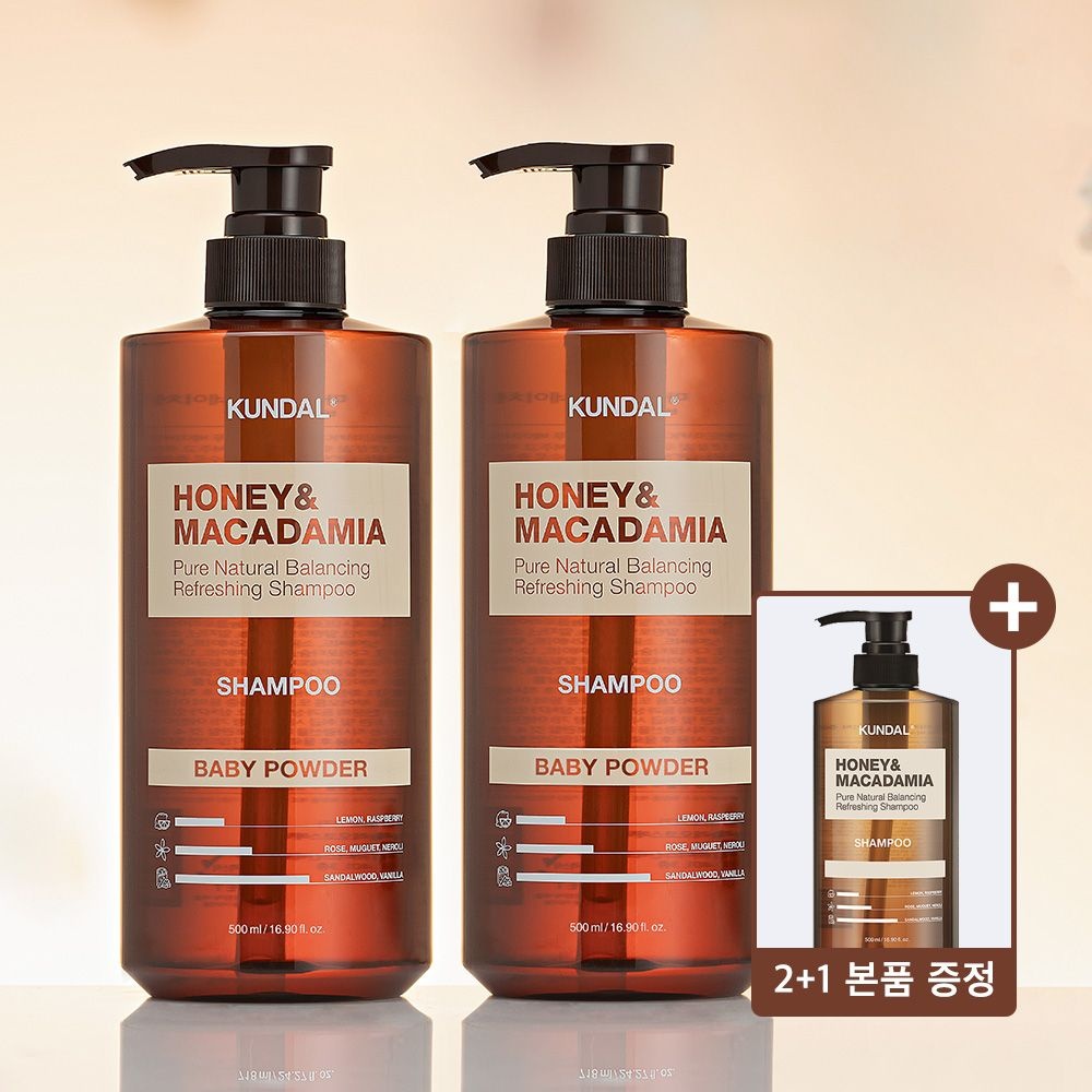 [2+1][본품추가증정] 쿤달 허니 앤 마카다미아 네이처 샴푸 500ml x2개(향 16종 택 1)