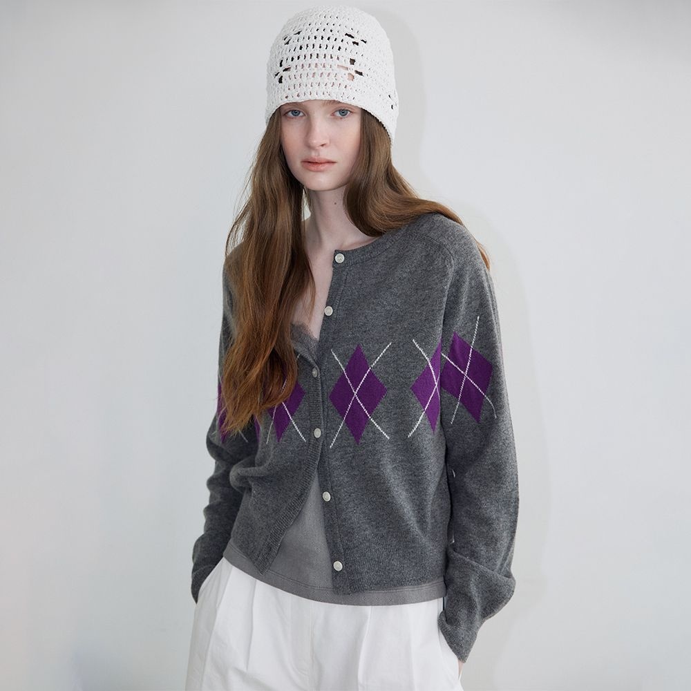 Argyle round knit cardigan [KNSS06CD05]_Gray