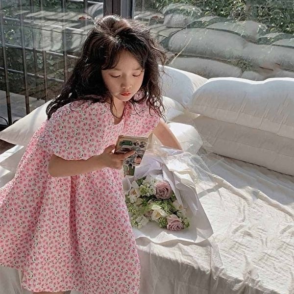 [조이멀티]미니꽃 핑크 아동 여아 벌룬소매 반팔 원피스 205374