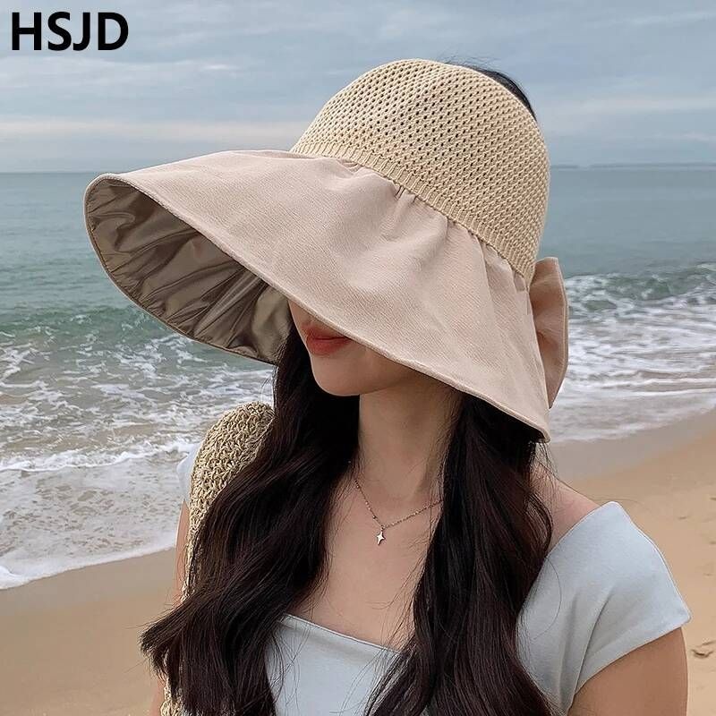 UnKnown [해외] 썬캡 여성 자외선 햇빛 차단 모자 여자 여름 Bow Large Brim Silver Coated Anti-UV Sun Hats Foldable Hollow Net Top Breathable Beach Suns