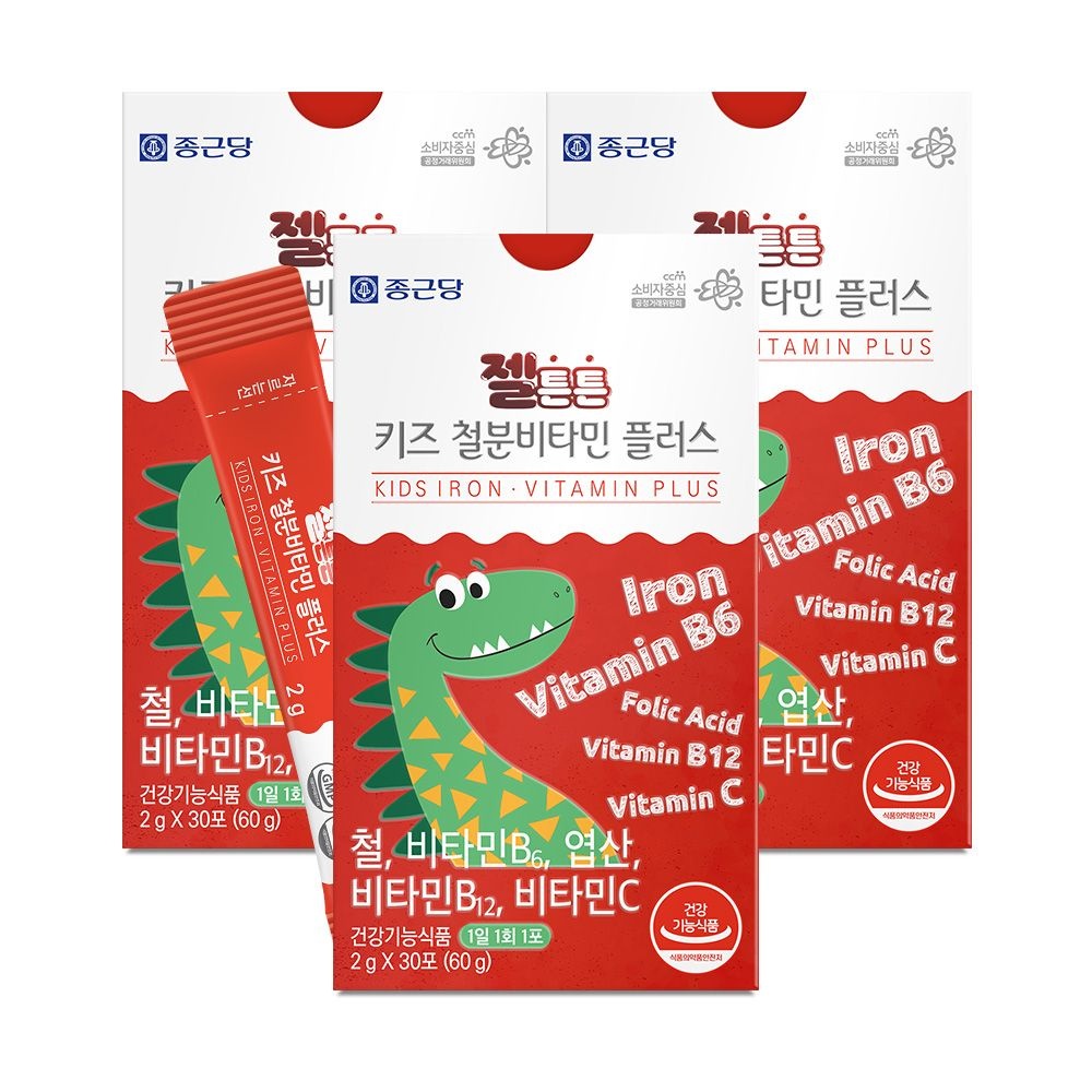 [오늘출발] 종근당 젤튼튼 키즈 철분비타민 플러스 30포 X 3개 딸기맛 성장기 어린이