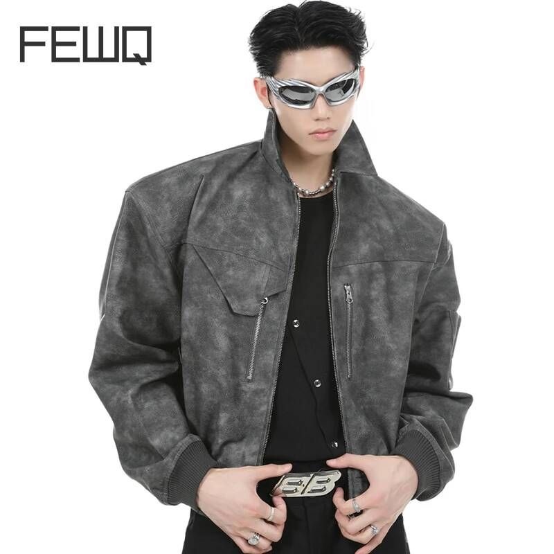 [해외] 남자 바람막이 가을 겨울 남성 가죽 청 자켓 FEWQ 남성용 짧은 재킷 니치 타이 다이 디자인 어깨 패드 루즈 메탈 지