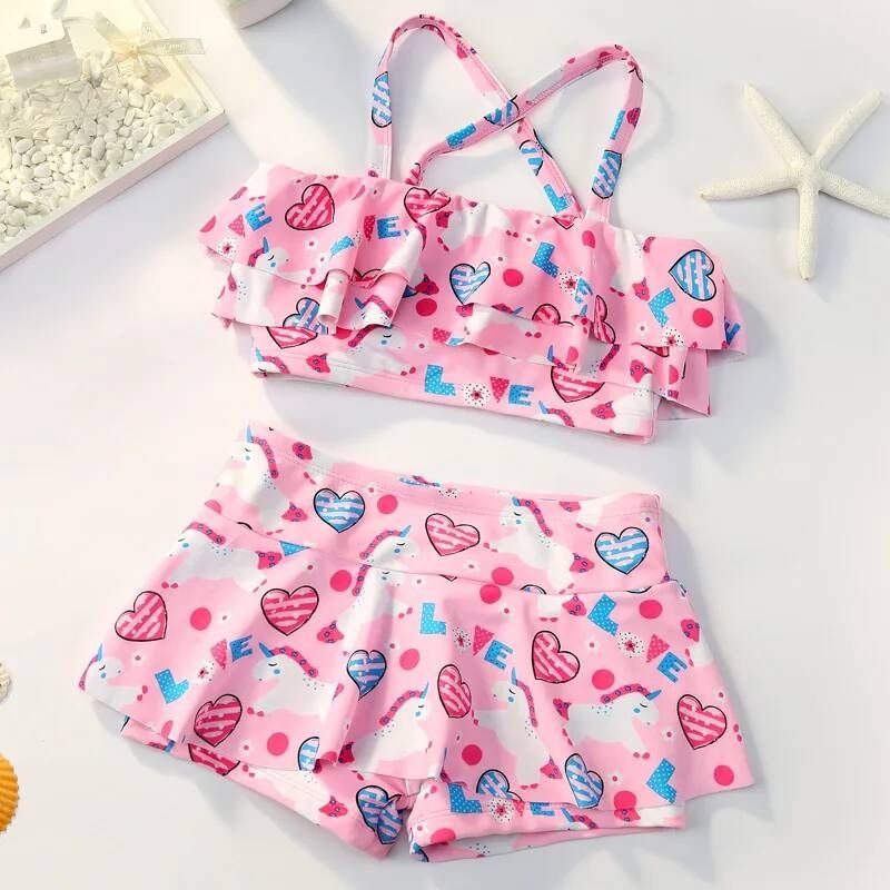 언더붑 탱크탑 비키니 홀터넥 커버업 수영복 YUKE-만화 빠른 건조 어린이 여자 세트 2 피스 비치 서핑