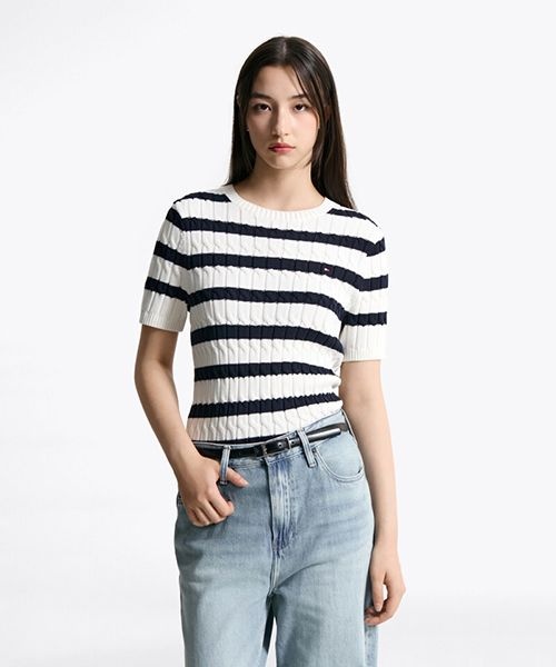 <매장정품> TOMMY HILFIGER 타미힐피거 케이블 크루넥 반팔 스웨터 (T22F6KTO030WT20FG) T22F6KTO030WT20FG 1273704