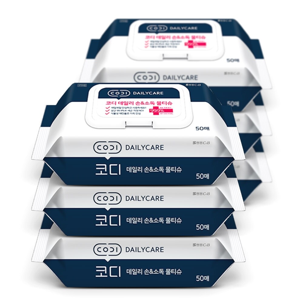 쌍용씨앤비 코디 데일리 손 소독 물티슈 캡형 50매 6팩