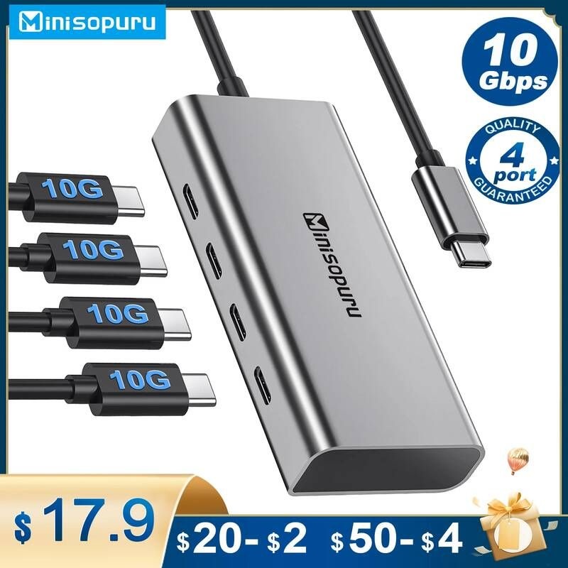 [해외] 노트북 멀티포트 C타입 미니sopuru HUB USB C 허브 4포트 10Gbps 유형 C-USB 3.2 어댑 적용하다 MacBook Pro Air Chromebook iMac 분
