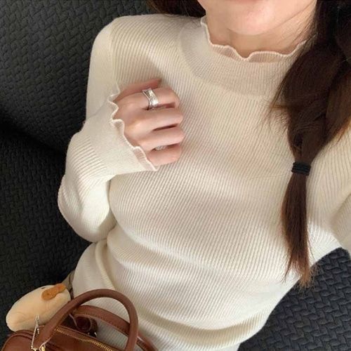 하이넥 골지 긴팔 프릴 니트티