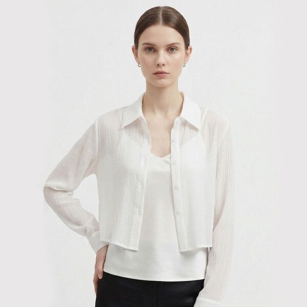 샵앤 [샵앤] 여성 카라넥 뒷단추 시스루 크롭 셔츠 블라우스 NARU-WBL-21177-화이트