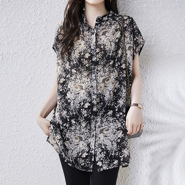 퀀이즈 [패션플러스][퀸이즈][퀸이즈] [110까지]덴바 오버핏 캡소매 플라워 나염 블라우스