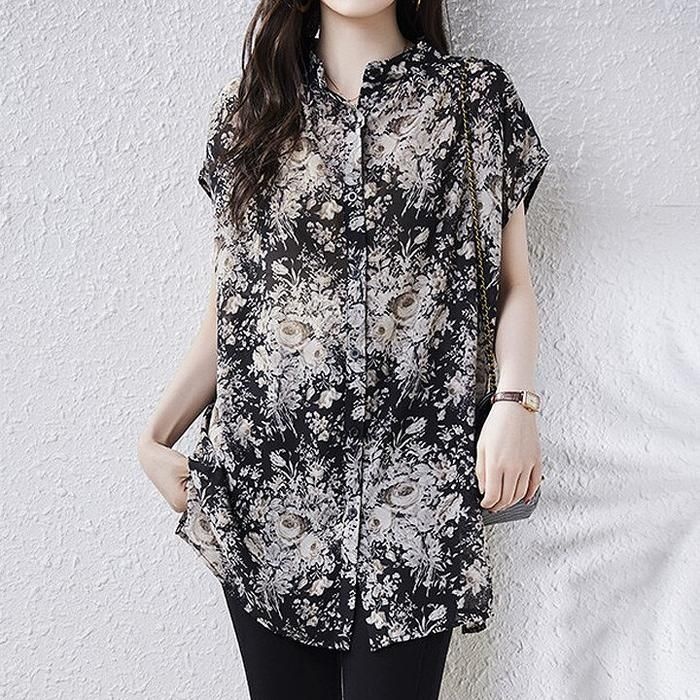 주식회사 이엠패밀리 [퀸이즈][퀸이즈] [110까지]덴바 오버핏 캡소매 플라워 나염 블라우스