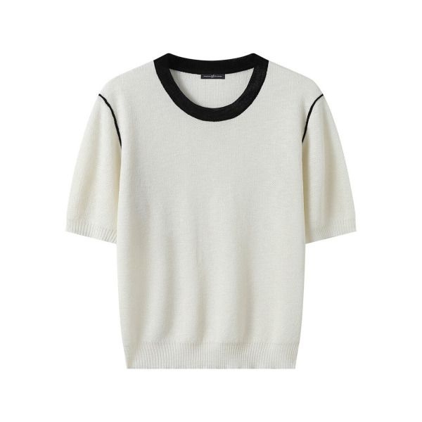 데코앤에프 [나인식스뉴욕] 무지 라인 배색 라운드 반팔 니트 (NQ2KT003L0)