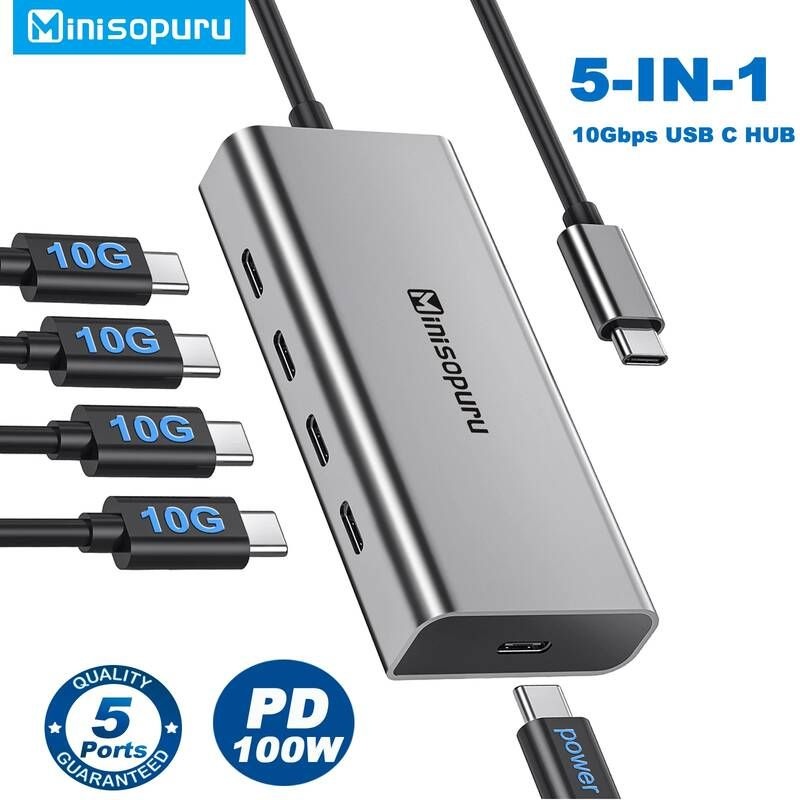 [해외] 노트북 멀티포트 C타입 미니sopuru HUB USB C 허브 10Gbps 4 포트 유형 C-USB 3.2 PD 100W 어댑터 Macbook Pro iMac PC 액세서리