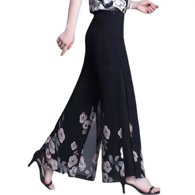 UnKnown [해외] 조거 버뮤다 와이드 팬츠 여성 여자 린넨 바지 여성용 얇은 프린트 레그 풋 마우스 스플릿 쉬폰 하이 웨이스트 퀼