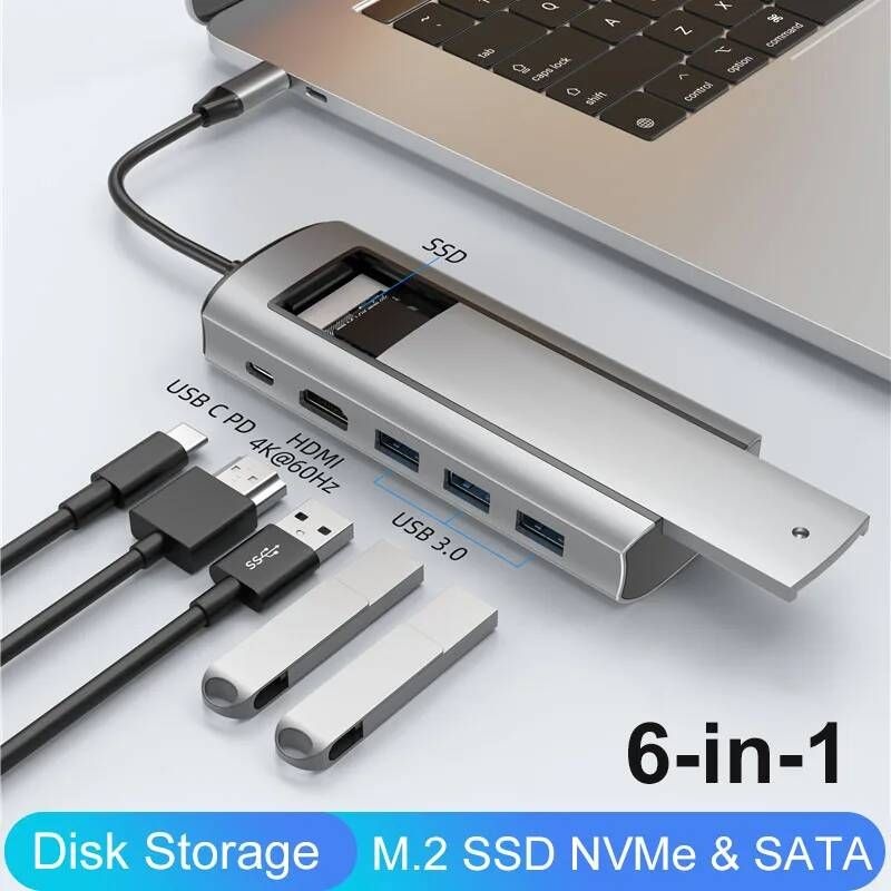[해외] 노트북 멀티포트 C타입 디스크 저장 기능이 있는 USB C 허브 M.2 SSD NVMe SATA to HDMI 호환 HDD 도킹 스테이션 프로 에어 M