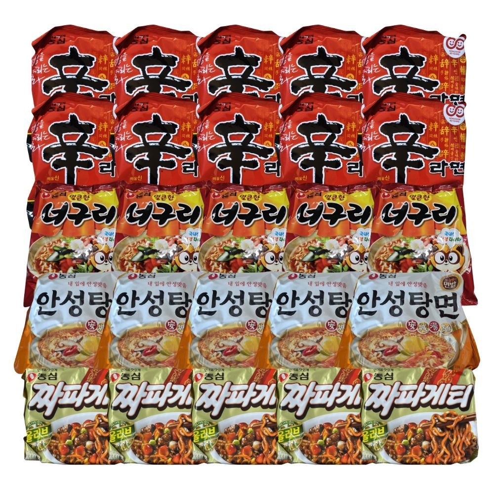 농심 신라면 10개 + 너구리 5개 + 안성탕면 5개 + 짜파게티 5개 (총 25봉)