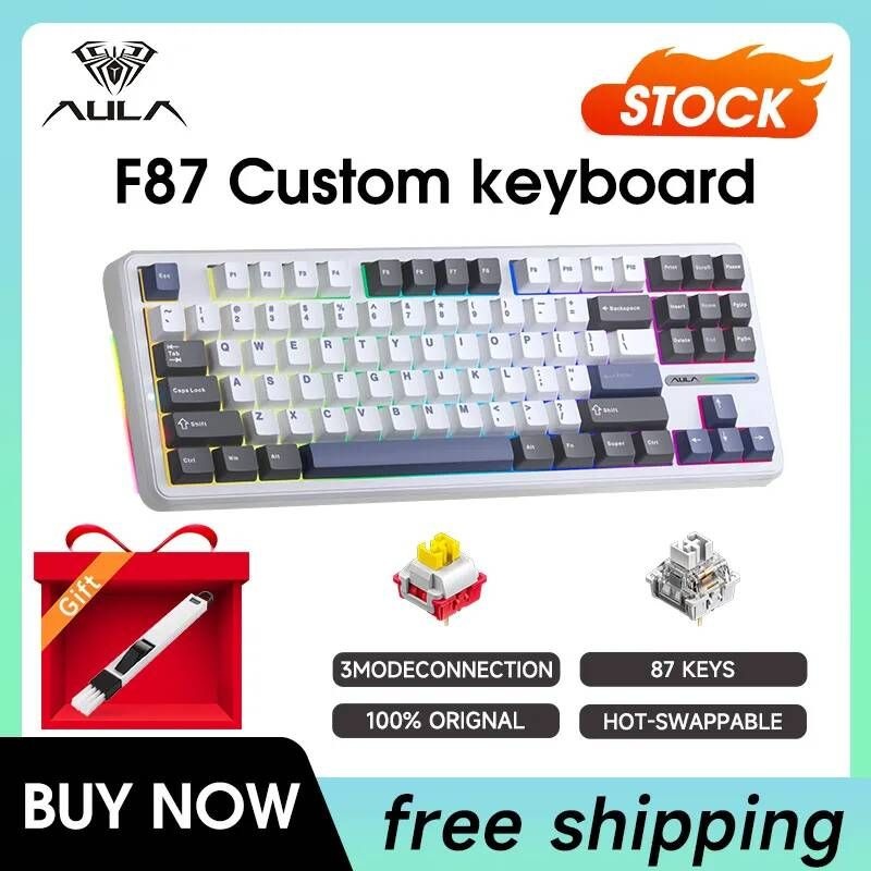UnKnown [해외] 무선 기계식 블루투스 키보드 Aula F87 3 가지 모드 2.4G USB 트라이 87 키 핫스왑 RGB PBT 게임용