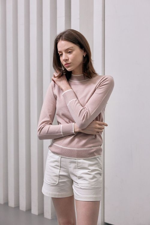 SCHWA 울 라인배색 스트레치 니트 (Pink BEIGE 베이지)