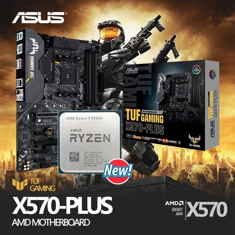 [해외] 마더보드 메인보드 AMD Ryzen 9 5900X R9 CPU + ASUS TUF 게임 X570-Plus Gen ATX 마더 보드 AM4